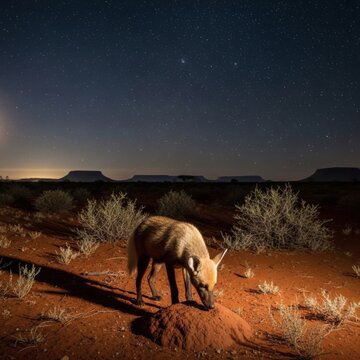 Aardwolf Foraging Beside Termite Mound Under Star Filled Night Sky