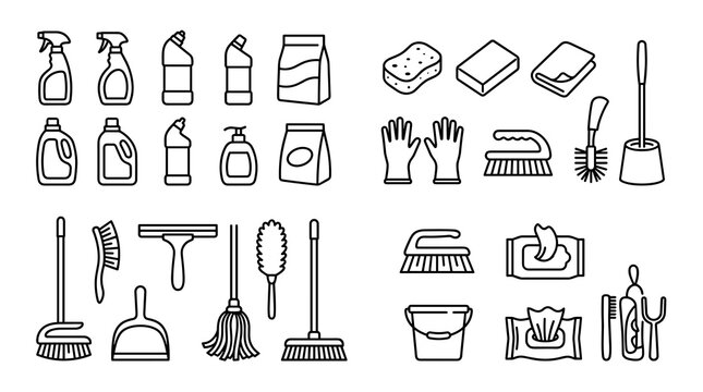 Professional Cleaning Supplies Thin Line Icons Featuring Detergent Bottles Sprays Brushes Gloves Sponges and Household Care Equipment