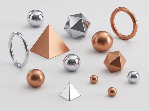 Shiny metallic geometric shapes with spheres pyramids rings icosahedrons on white surface