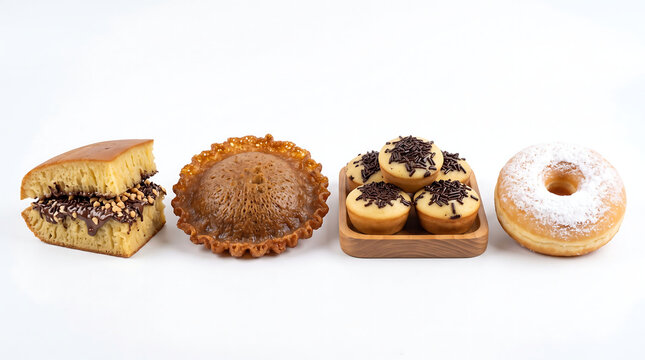 Variety of Delicious Indonesian Sweet Cakes and Snacks on White Backdrop
