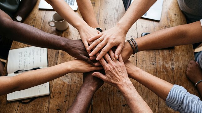 Team of colleagues stacking hands together showing unity and teamwork