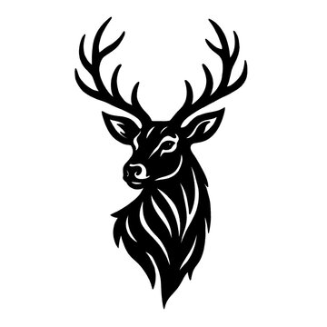 Majestic deer buck head silhouette vector art with large antlers, isolated on white.