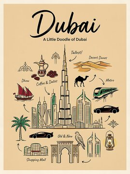 An artistic and creative illustrated map of Dubai featuring iconic landmarks, traditional cultural symbols, modern transport, and desert wildlife icons., isolated on a white background
