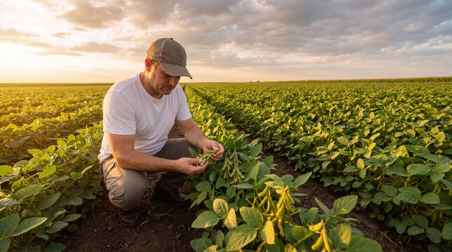 Professional farmer inspecting soybean crop at sunset, agricultural worker in green soy field, organic farming and sustainable food production