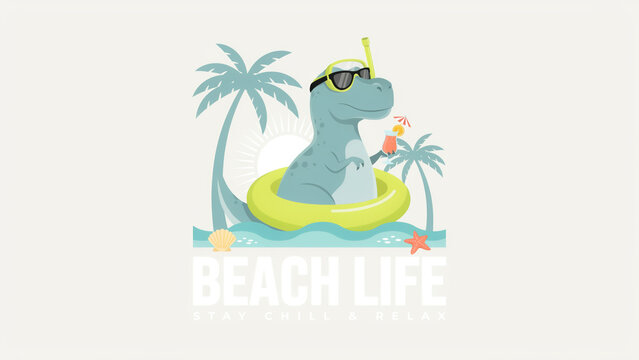 A cartoon dinosaur wearing snorkeling gear and floating in a rubber ring at the beach with stylized dinosaur relaxes holding tropical cocktail ocean