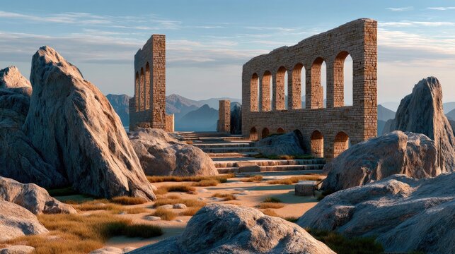 Ancient Ruins Landscape: Crumbling stone archways and weathered rock formations stand as remnants of a lost civilization against a backdrop of distant mountains and a soft sky.