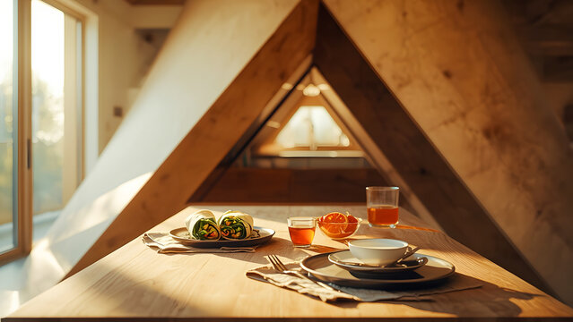 Cozy Dining Experience in an Attic Room with Wooden A-Frame Architecture