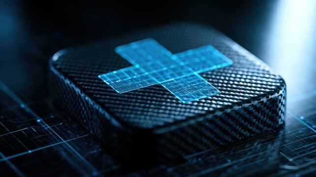 Futuristic Medical Cross Hologram on Carbon Fiber Button Interface 3D Render