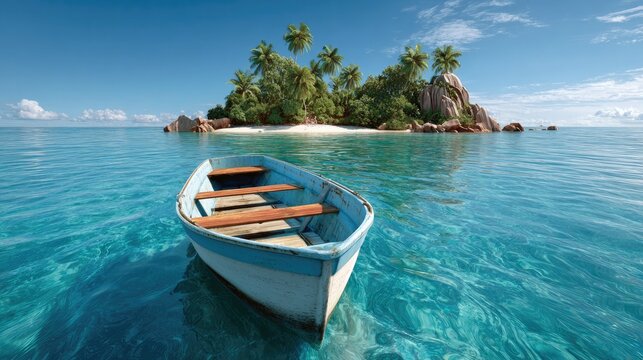 Tranquil Escape: A solitary rowboat drifts on the crystal-clear turquoise waters, leading the eye to a picturesque tropical island paradise dotted with palm trees under a vibrant blue sky.