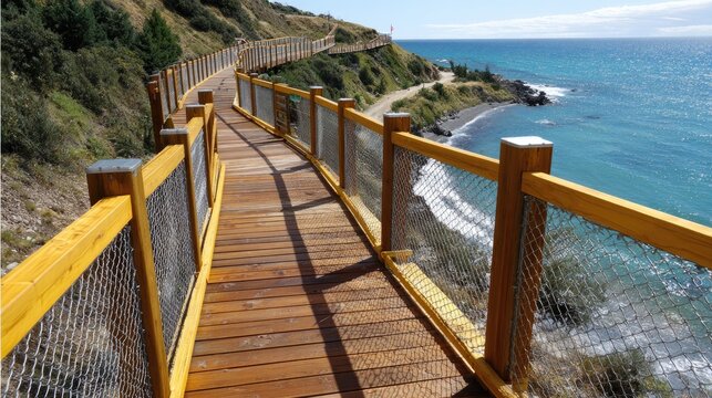 Coastal Boardwalk Scenic Path: A beautifully crafted wooden boardwalk winds along a dramatic coastline, offering breathtaking views of the turquoise ocean and rugged hills under a clear blue sky.