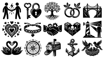 Fototapeta premium Black and White Vector Icons of Love and Partnership Symbols, Vector Art