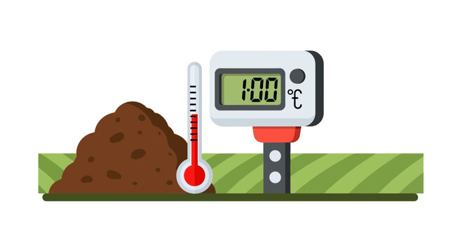 Compost Soil Temperature Measurement Illustration with Digital and Analog Thermometers and 100 Degrees Celsius Display