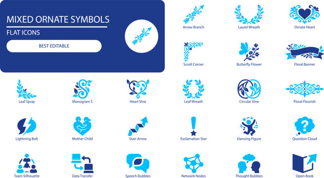 Mixed ornate symbols icons set. Minimal silhouette vector collection of hearts, leaves, arrows, and abstract glyphs for design projects.