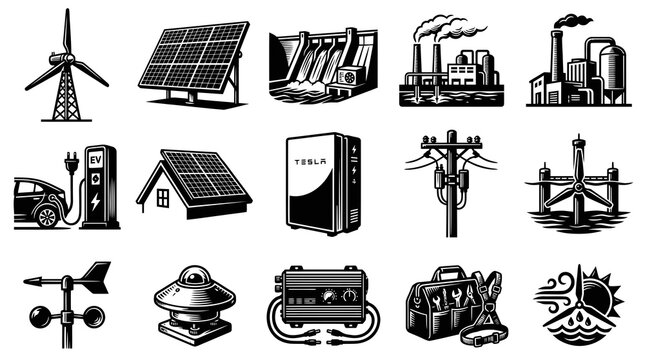 Black and White Icons of Renewable Energy Sources and Equipment, Vector Art