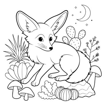 Fennec fox illustration with desert plants and crescent moon black and white