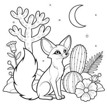 Fennec fox illustration with desert flora and crescent moon black and white