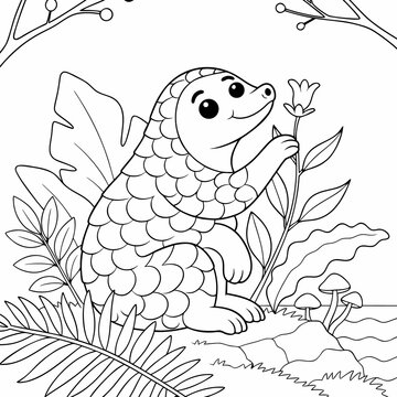 Pangolin reaching for a flower black and white vector illustration