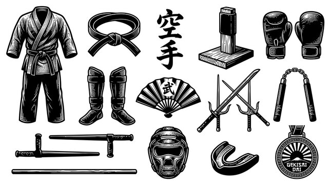 Martial Arts Equipment Set - Karate Uniform, Belt, Weapons, Gear - BW Line Art