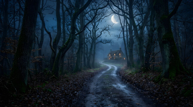 Pixel art moon shining over a dark forest path at night with glowing blue light reflections