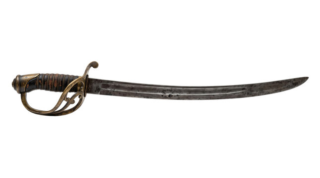 Antique naval cutlass sword on a white background. Historic weapon with curved steel blade and brass guard