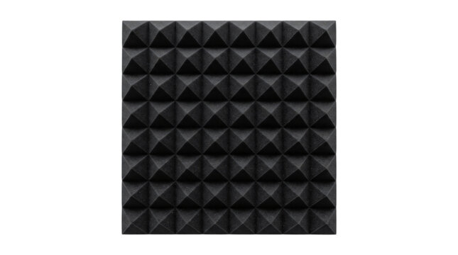 Acoustic foam panel photo. Black pyramid textured soundproofing material. Isolated on white background