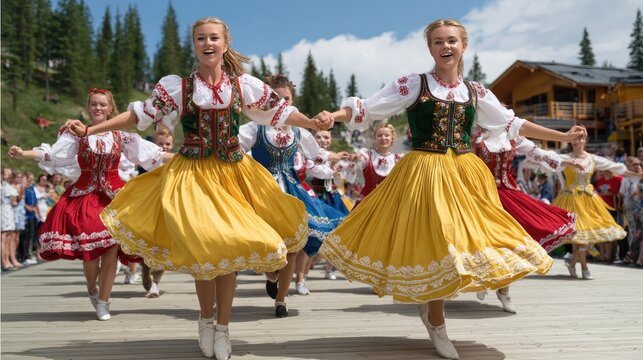 Traditional Dance Festival: Vibrant dancers in colorful folk costumes twirl and smile, their full skirts fanning out as they perform a lively traditional dance at an outdoor festival.