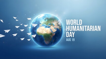 Fototapeta premium World humanitarian day concept with a glowing earth and flying paper doves