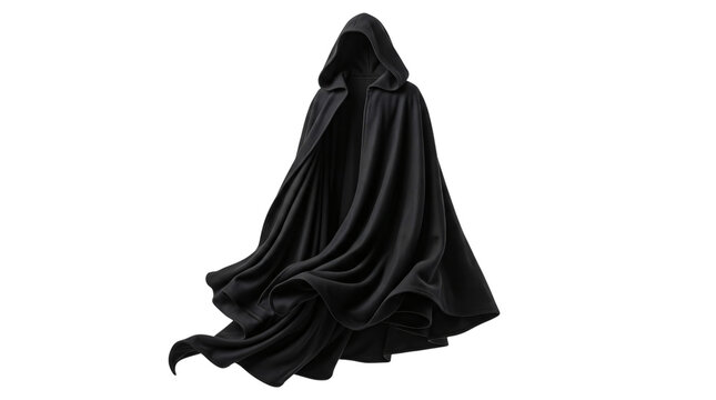 Black hooded cloak. Flowing fantasy cape with deep cowl. Isolated dark costume element