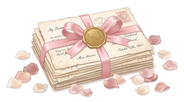 Vintage Stack of Love Letters Tied with Pink Ribbon and Gold Wax Seal Isolated on White Background