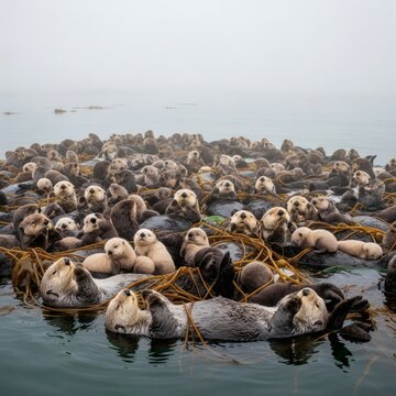 Sea Otters Floating Together in Kelp Forest Under Foggy Overcast Sky