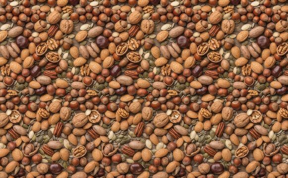 Mix of various organic nuts and seeds background texture top view including walnuts, almonds, hazelnuts and pecans for healthy eating and vegetarian diet concepts