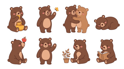 Fototapeta premium Set of cute brown bear characters in various poses, eating honey, hugging, sleeping, reading a book, and playing with a butterfly