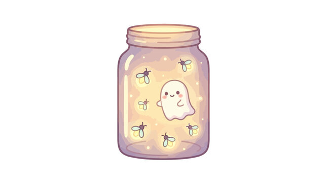 Cute Ghost in a Glowing Jar with Fireflies Illustration
