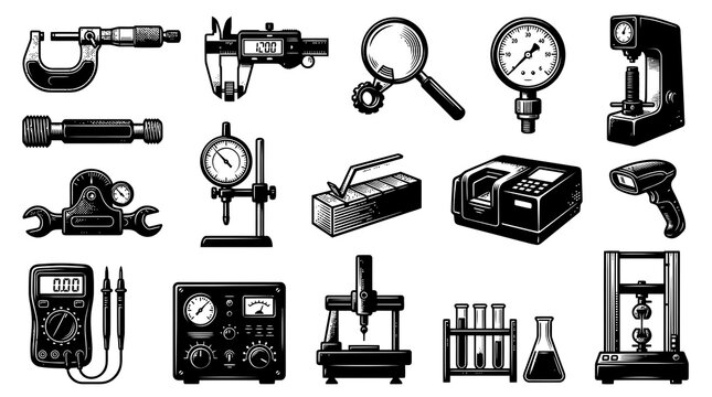 Black and White Vector Illustration of Engineering Measurement Tools and Laboratory Equipment