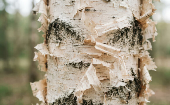 Close up of peeling white birch tree bark with intricate texture pattern for natural background design concept