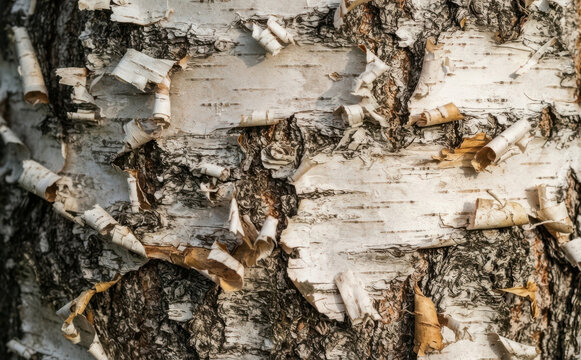 Close up of peeling white birch bark texture, natural forest background pattern for design