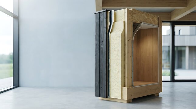 Cross section of modern wooden wall construction showing layers of insulation and high quality building materials for energy efficient homes
