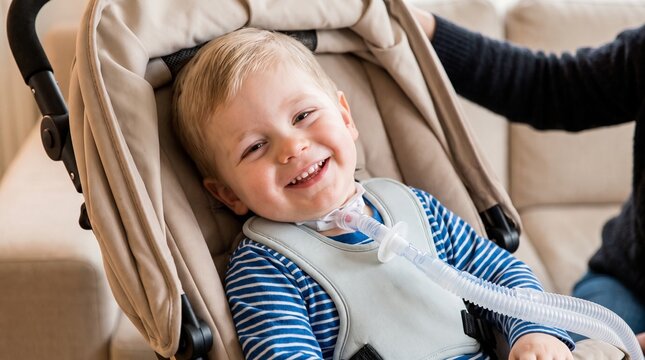 Pediatrics: Smiling child receives respiratory support through tracheostomy while riding in stroller