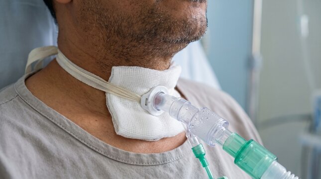 Respiratory care: Hospitalized man receives assisted breathing through secured tracheostomy tube