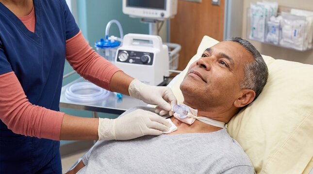 Respiratory care: Nurse provides routine tracheostomy dressing care for hospitalized older man