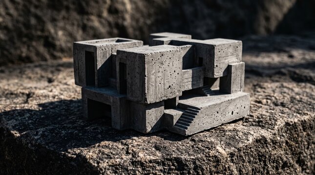 Macro photography of a miniature brutalist concrete architecture model resting on raw stone with dramatic shadows representing strong foundation and urban development