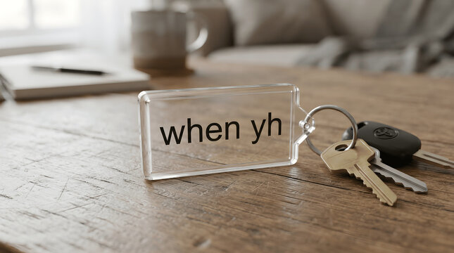 A close-up shot of a modern plastic keychain with the custom text "when yh" engraved on it, isolated on a clean contemporary background.