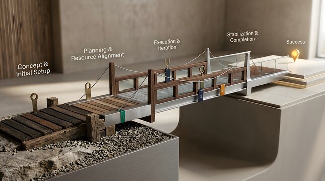 3D architectural rendering of a bridge showing project phases from concept and planning to execution and completion, symbolizing business growth and strategic success.