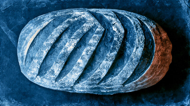 Loaf of artisan sourdough bread with deep score marks on a dark blue textured surface captured from a down overhead perspective view