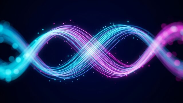 Abstract glowing light waves forming a double helix DNA pattern with vibrant blue and magenta neon illumination against a dark background for futuristic technology graphic design