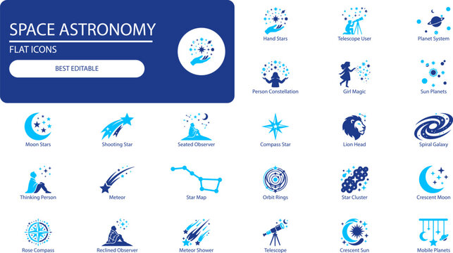 Space astronomy icons set. Black silhouette vector collection of planets, stars, telescopes and constellations for science design