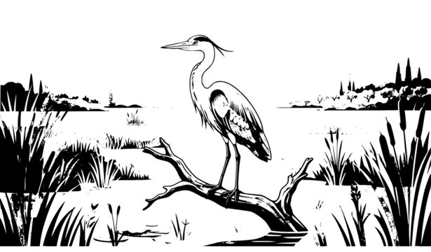 Royal Heron Standing in Tuscan Maremma Marshland, Elegant Wildlife Vector