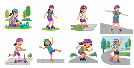 Fototapeta premium Cute Little Girl Learning to Roller Skate and Ride a Scooter Vector Illustration Set