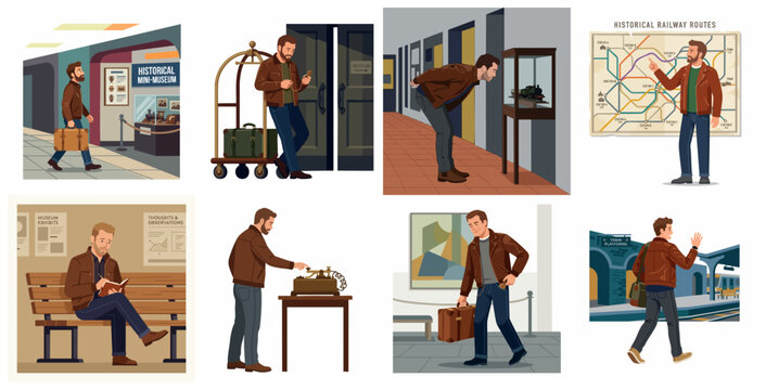 Set of vector illustrations of a man traveling and exploring historical railway museums and vintage artifacts