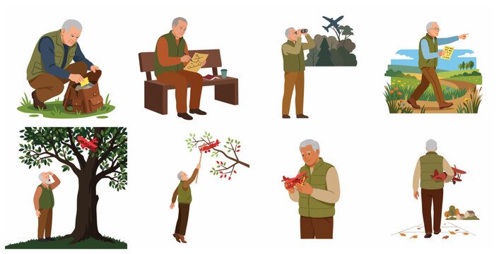 Active senior man with model airplane hobby set of vector illustrations showing retiree hiking plane spotting and retrieving toy biplane from a tree